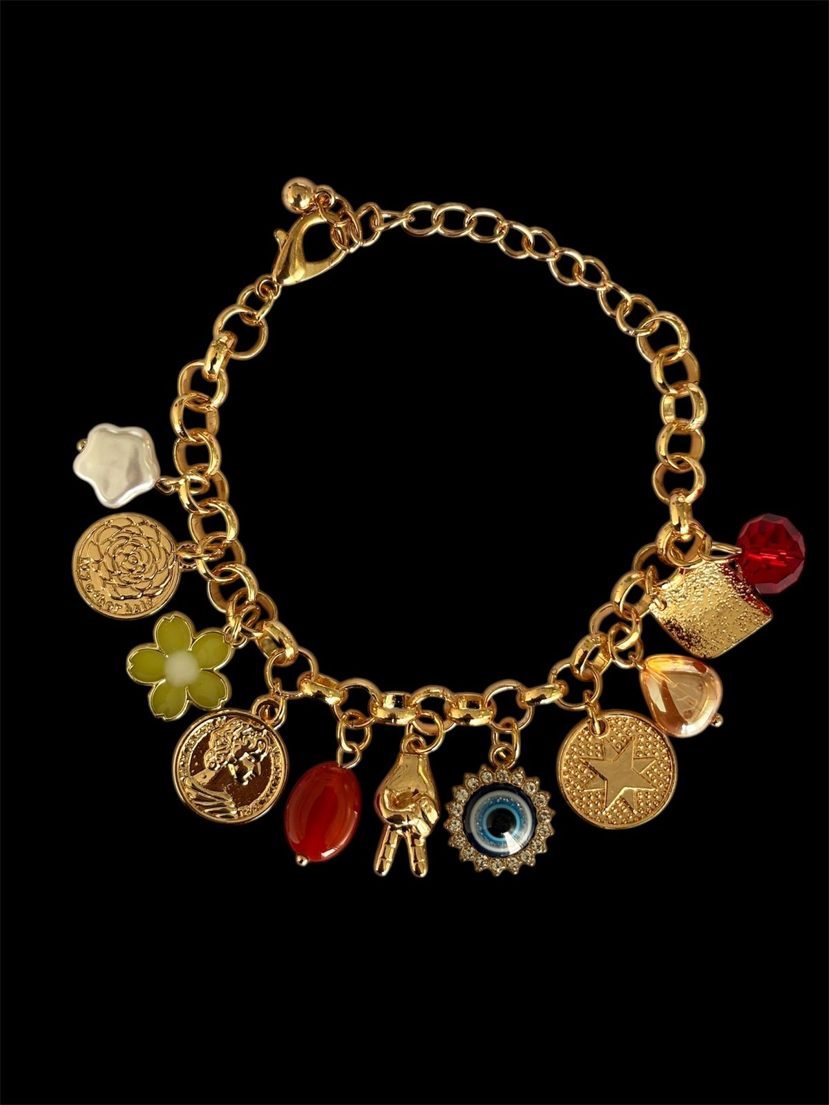 Multi Charm Gold Bracelet with Evil Eye