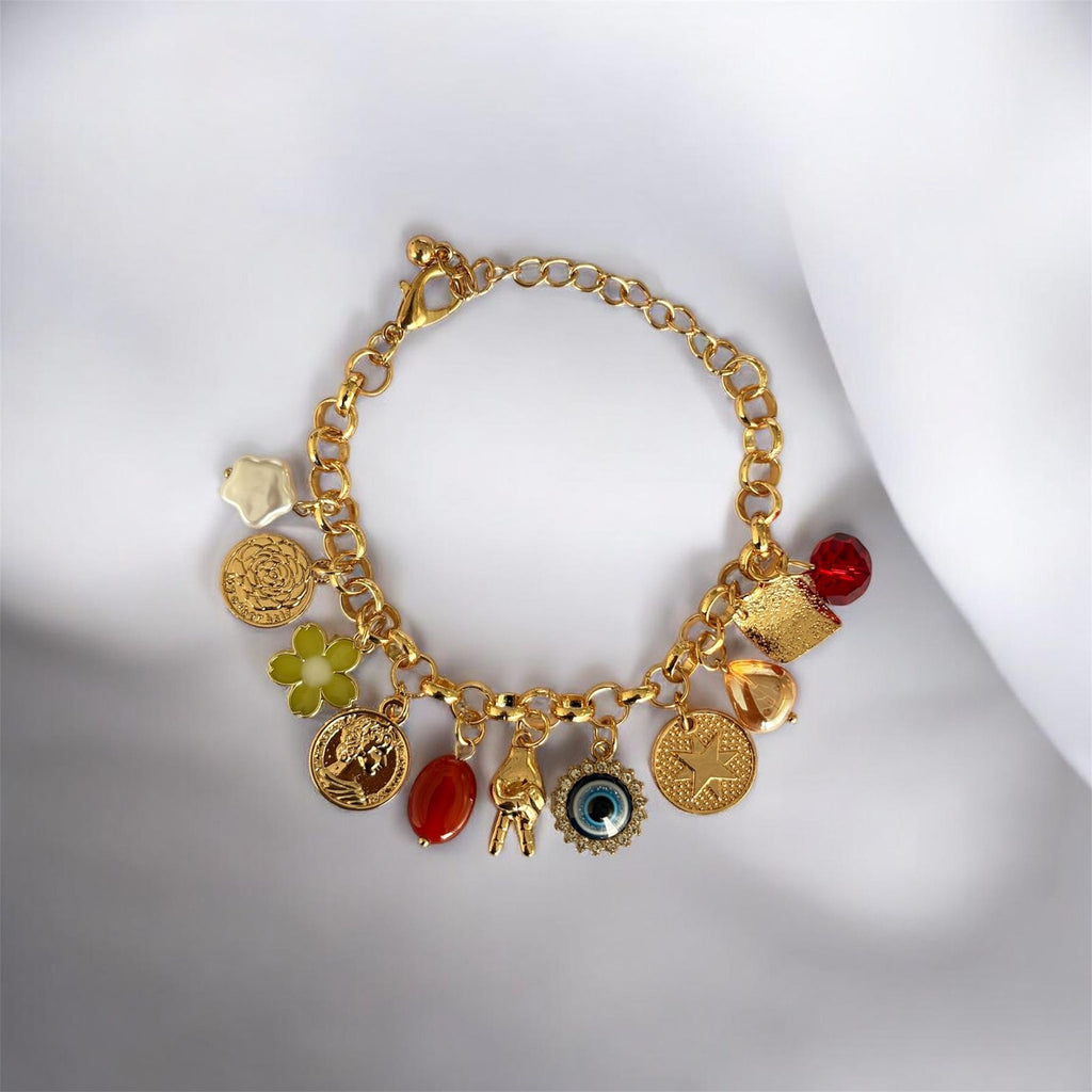 Multi Charm Gold Bracelet with Evil Eye