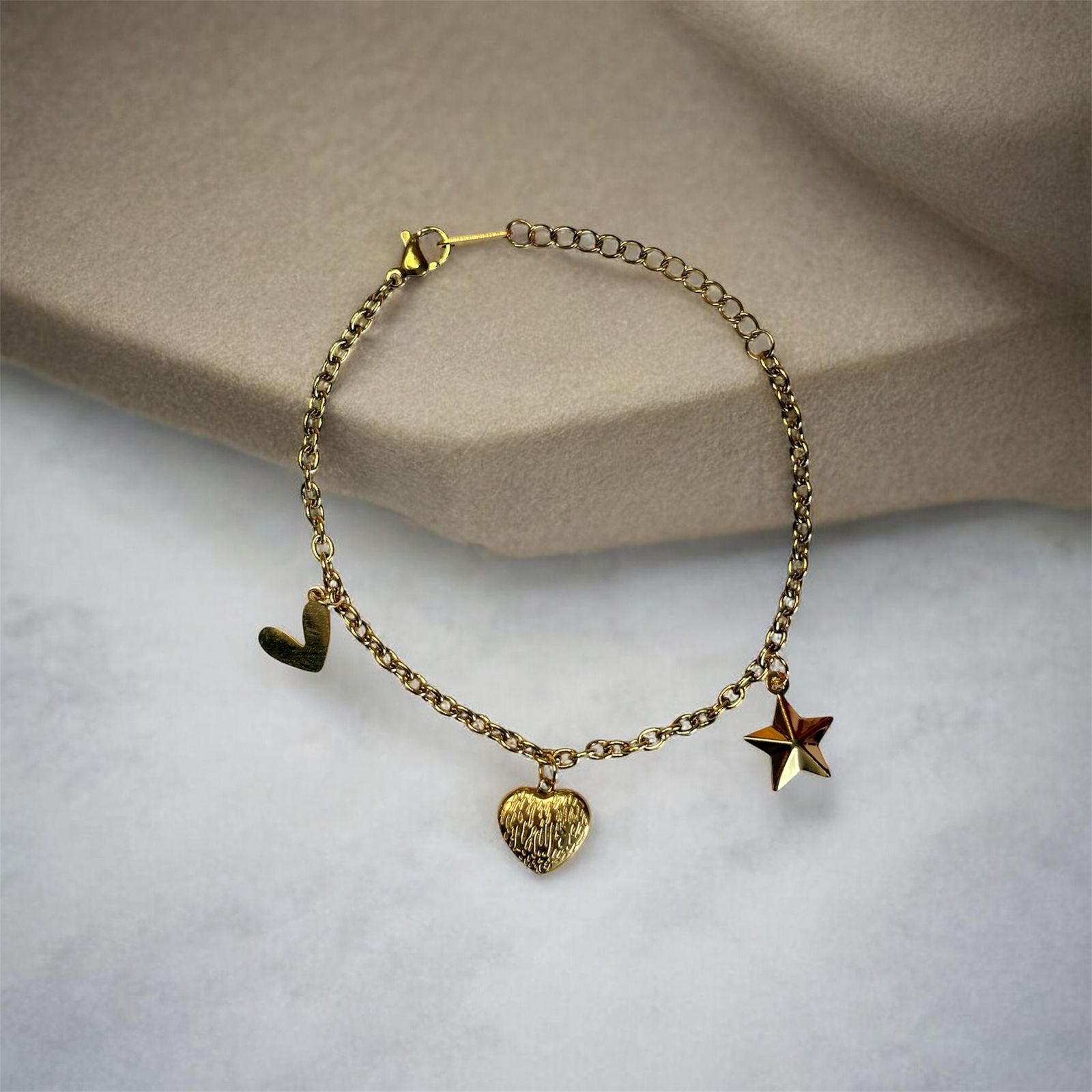 Gold Charm Bracelet with Heart & Star