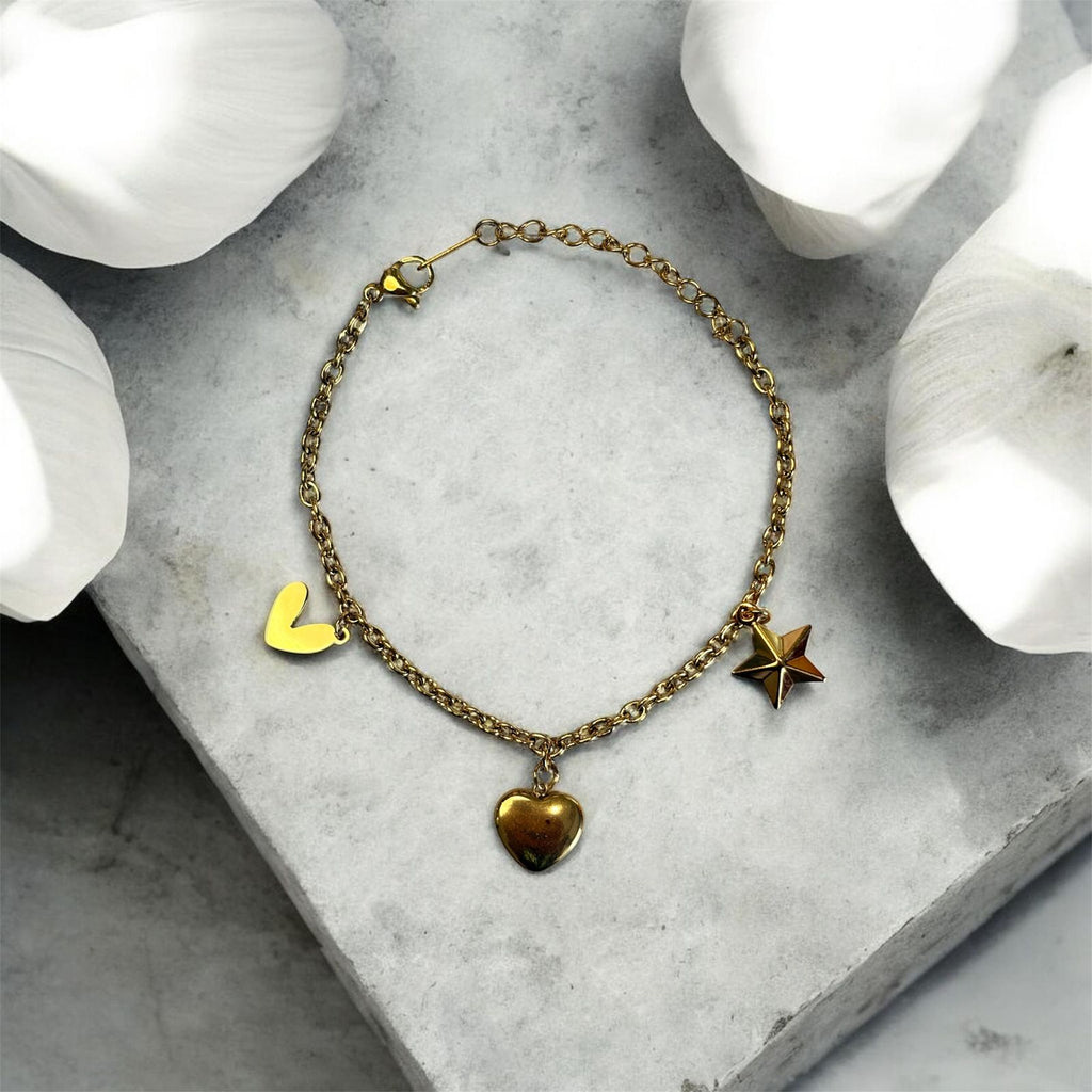 Gold Charm Bracelet with Heart & Star