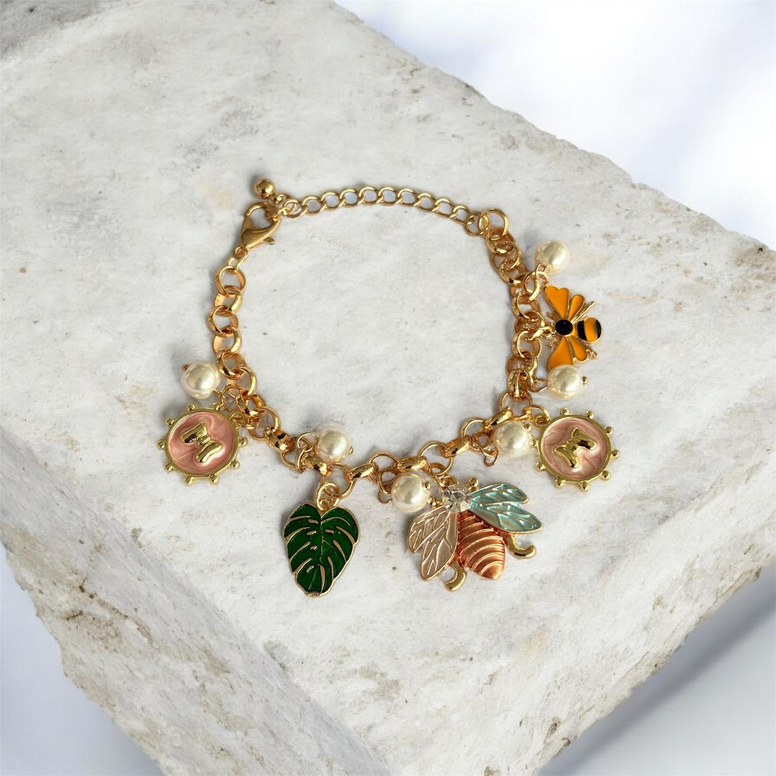 Floral & Leaf Charm Gold Bracelet
