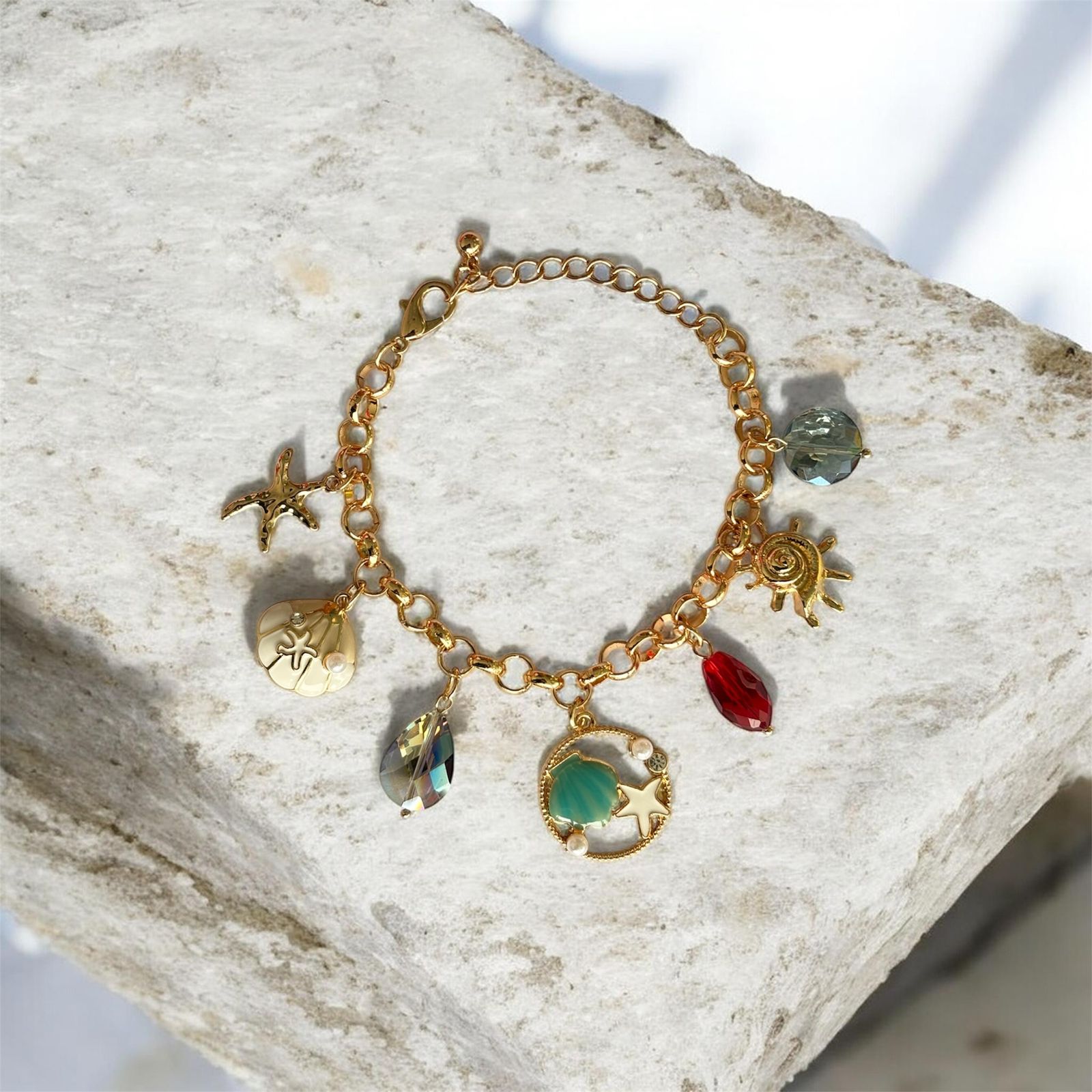 Ocean Charm Gold Bracelet with Starfish & Shell