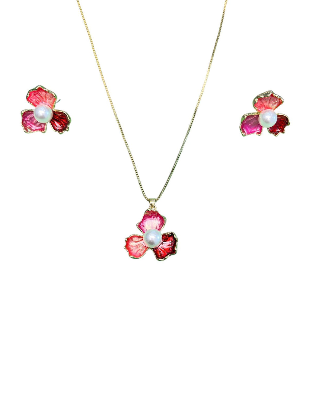 Pink Floral Pendant Necklace & Earrings Set