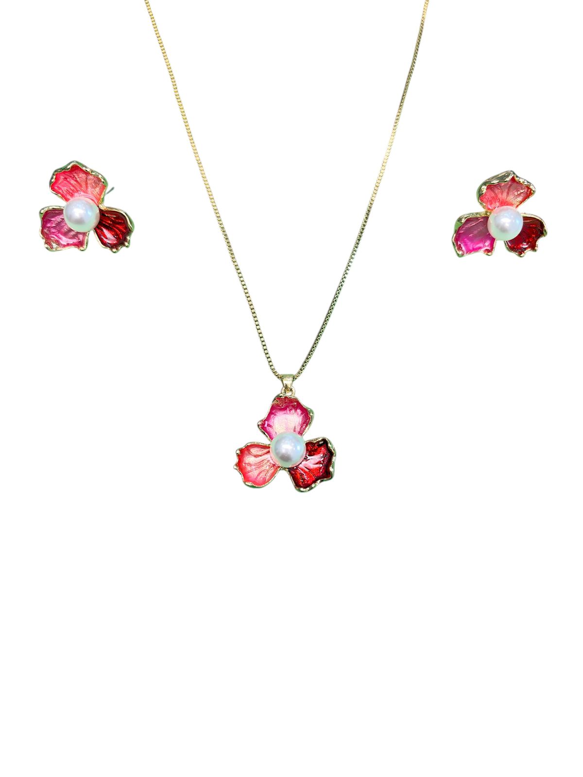 Pink Floral Pendant Necklace & Earrings Set