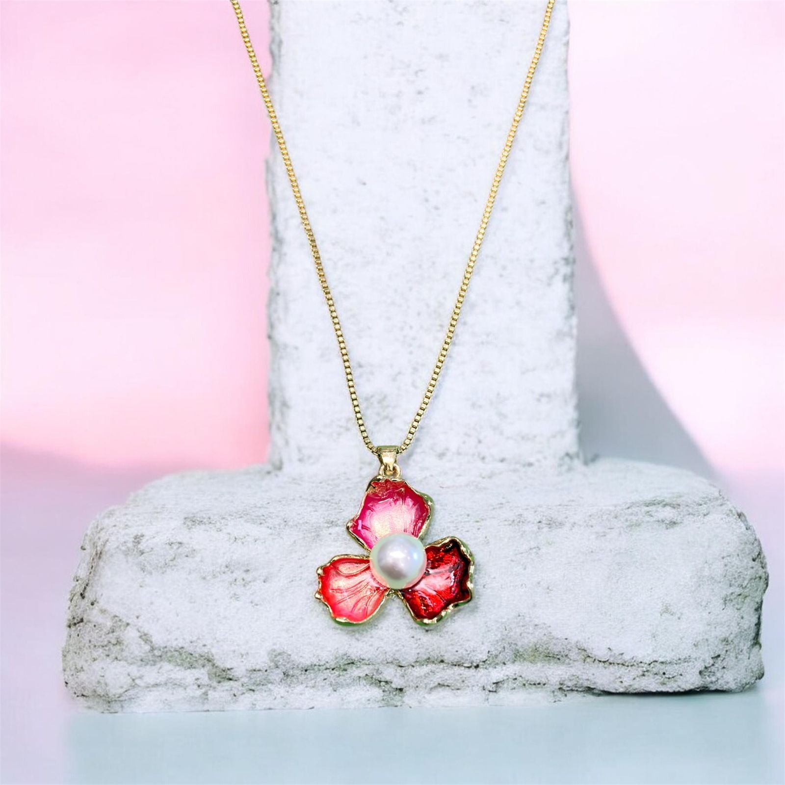 Pink Floral Pendant Necklace & Earrings Set