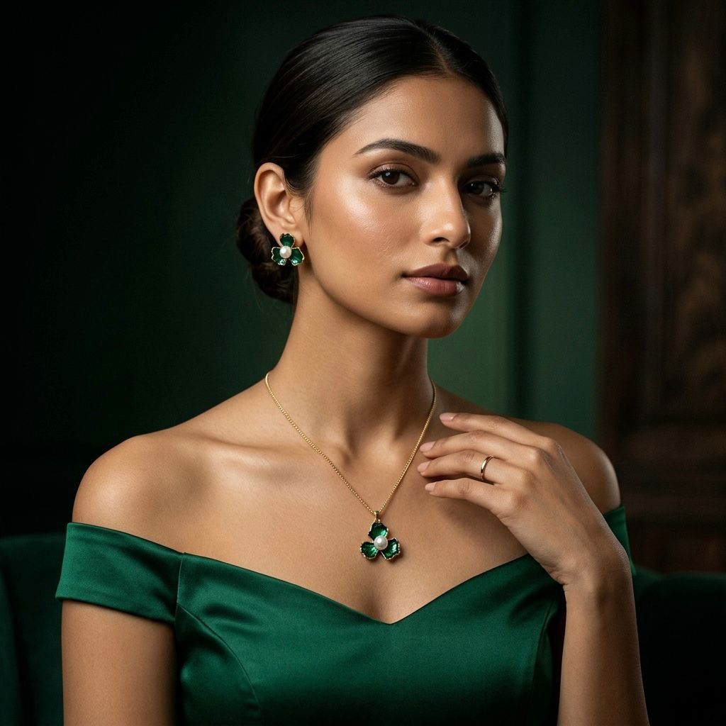 Green Stone Pendant Necklace & Earrings Set