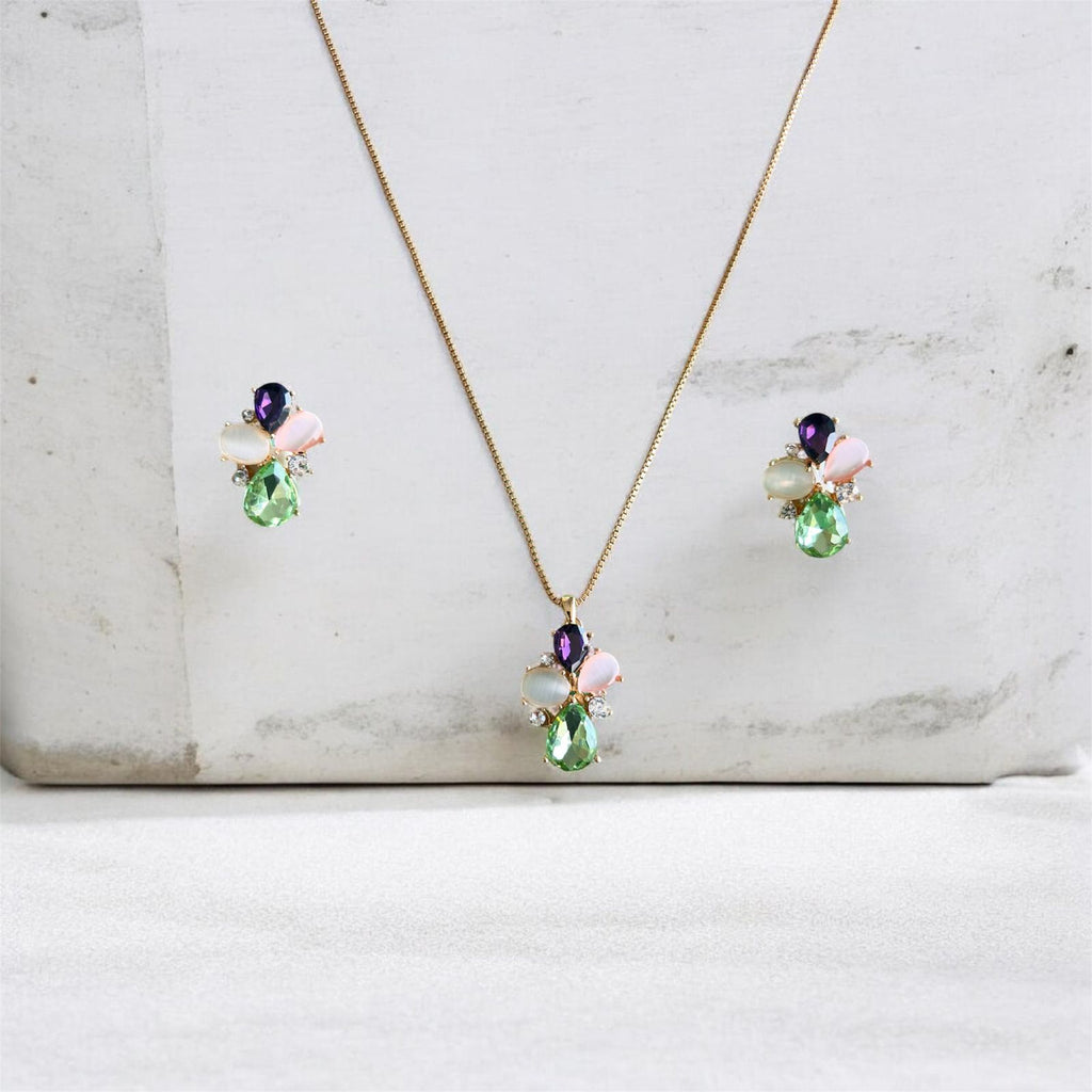 Multi Stone Pendant Necklace & Earrings Set