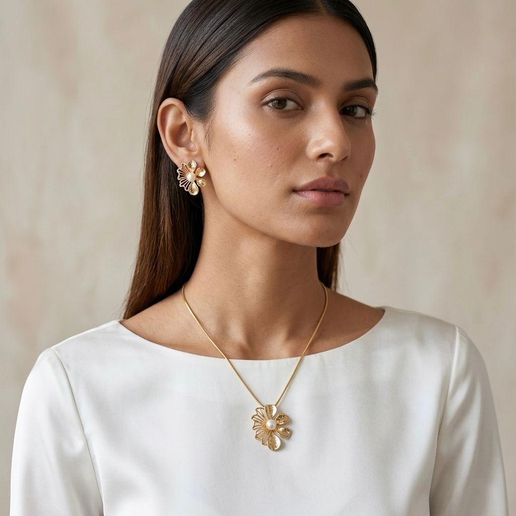 Gold Floral Pendant Necklace & Earrings Set