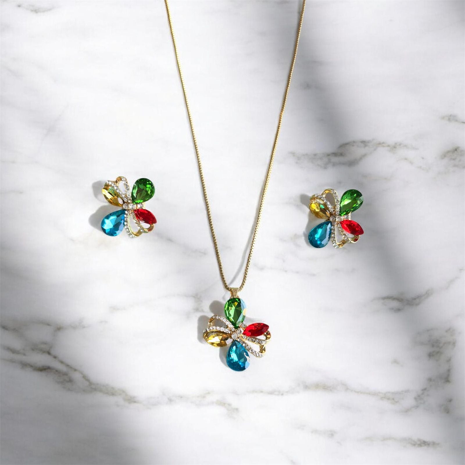 Multi Color Stone Pendant Necklace & Earrings Set