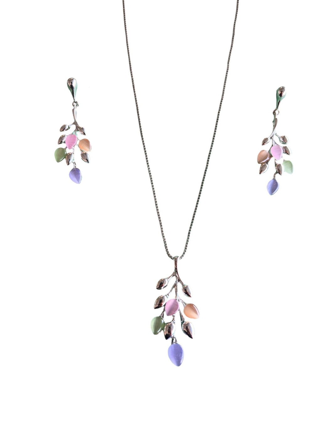 Pastel Stone Leaf Pendant Necklace & Earrings Set