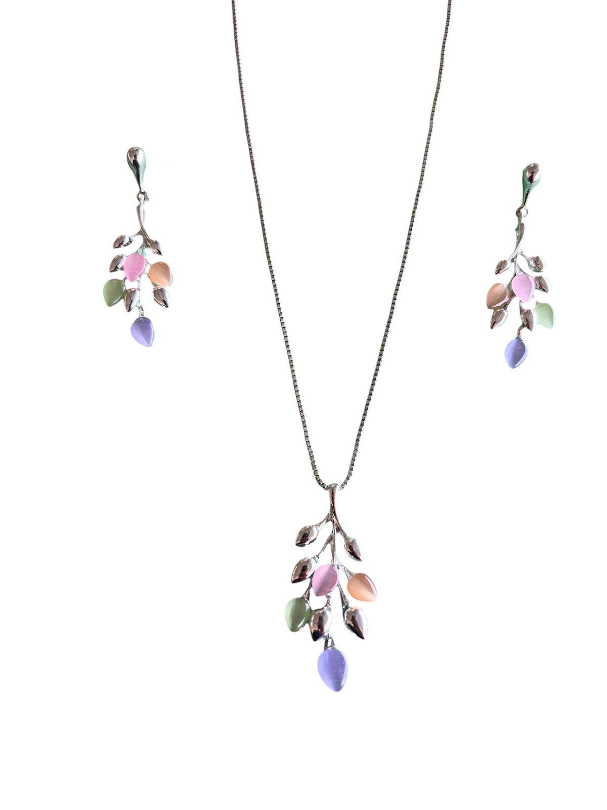 Pastel Stone Leaf Pendant Necklace & Earrings Set