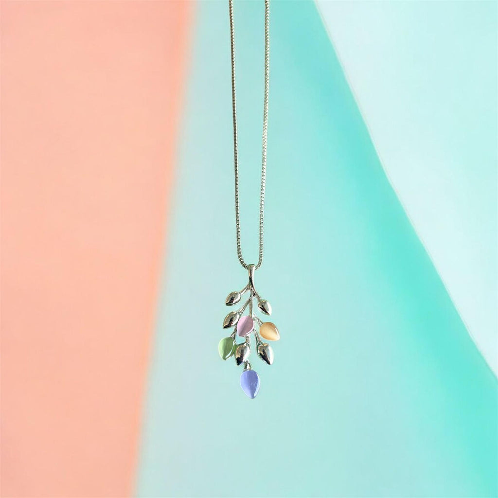 Pastel Stone Leaf Pendant Necklace & Earrings Set