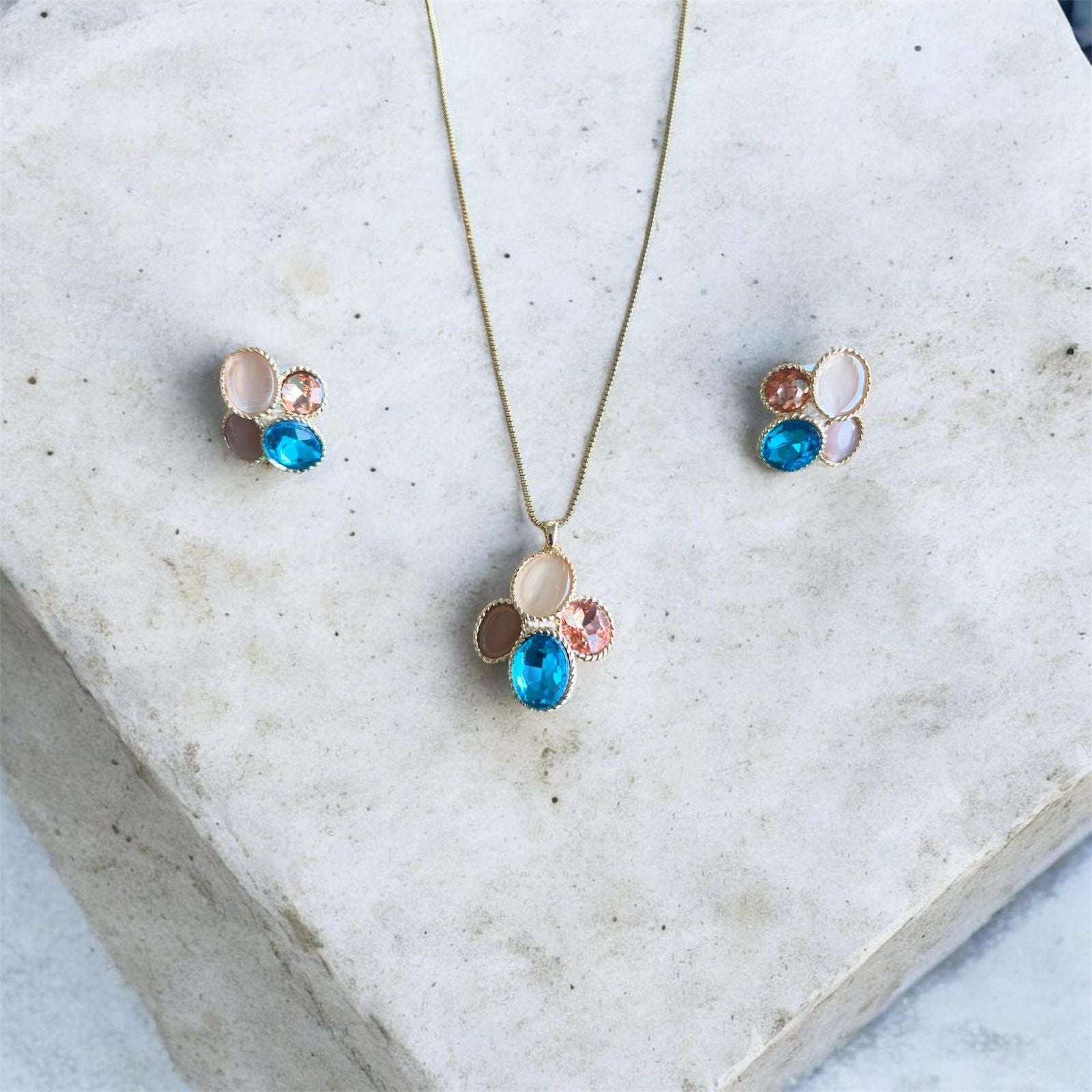 Pastel Multi Stone Pendant Necklace & Earrings Set
