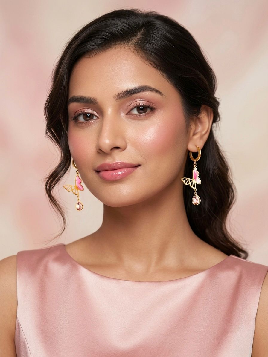 Pink Butterfly Drop Earrings with Crystal