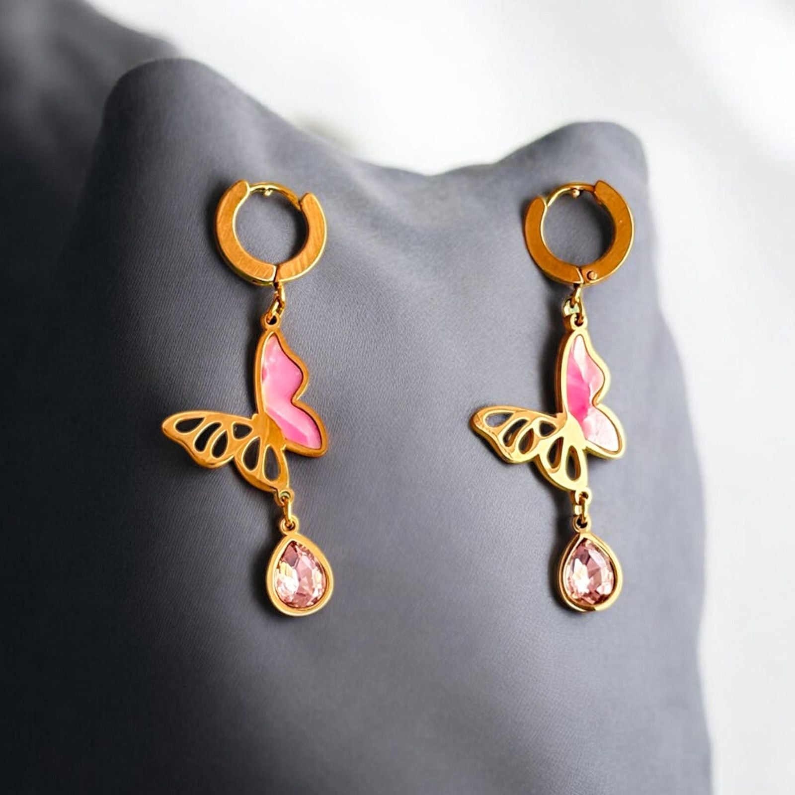 Pink Butterfly Drop Earrings with Crystal