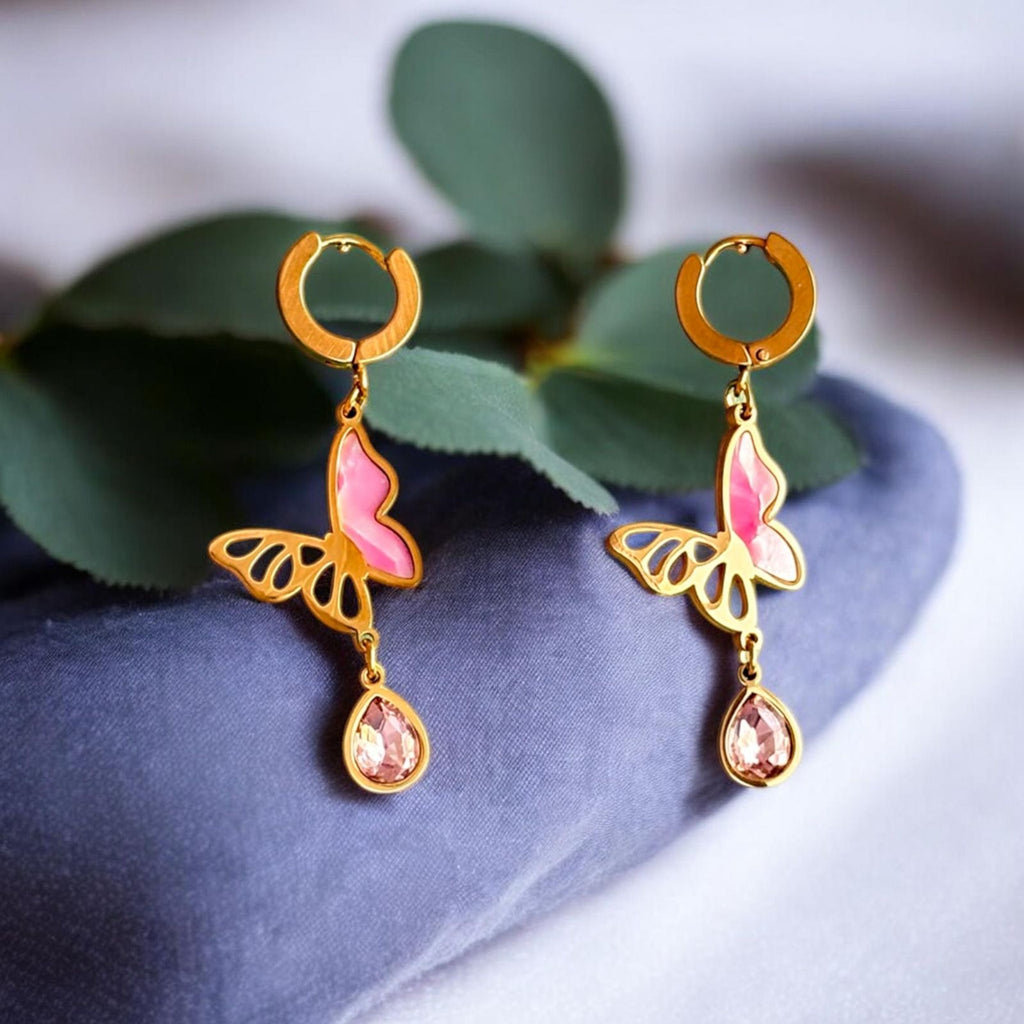 Pink Butterfly Drop Earrings with Crystal