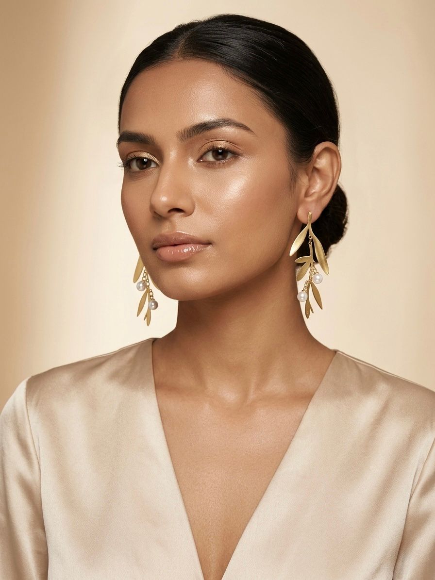 Leaf Design Pearl Drop Earrings
