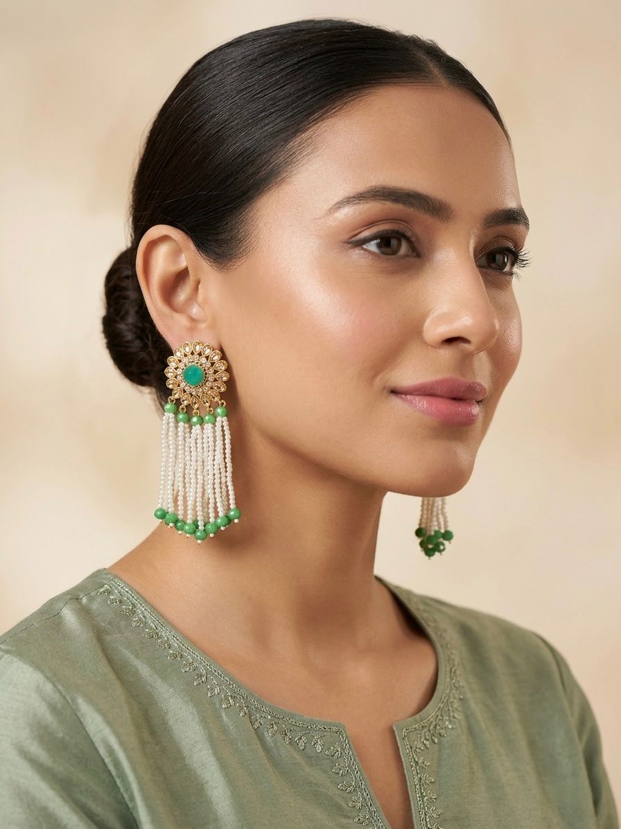 Pearl Tassel Earrings with Green Stones
