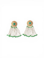 Pearl Tassel Earrings with Green Stones
