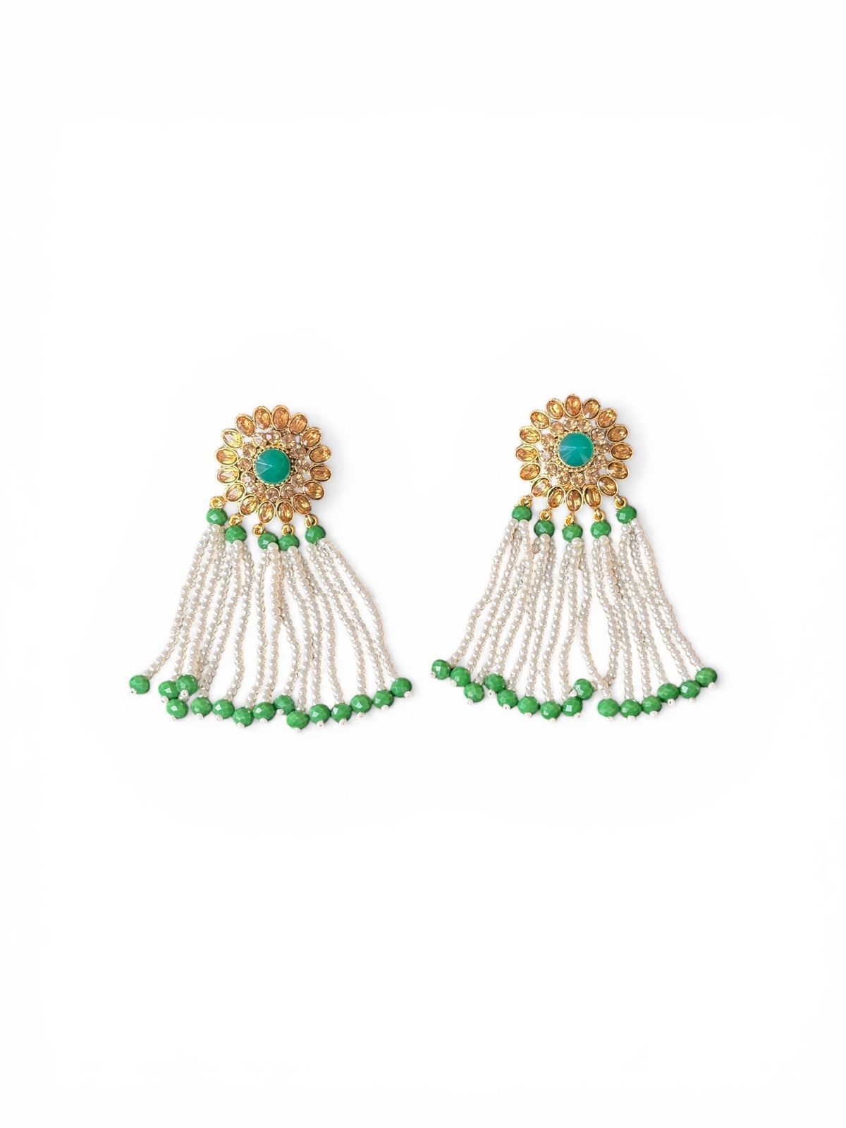 Pearl Tassel Earrings with Green Stones
