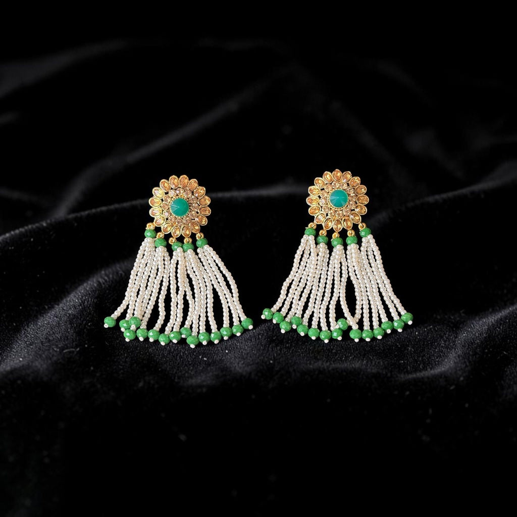 Pearl Tassel Earrings with Green Stones