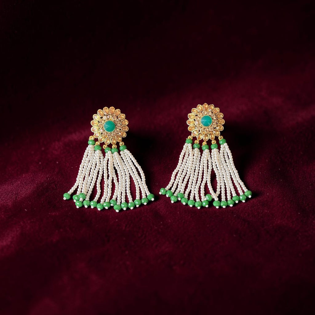 Pearl Tassel Earrings with Green Stones