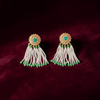 Pearl Tassel Earrings with Green Stones