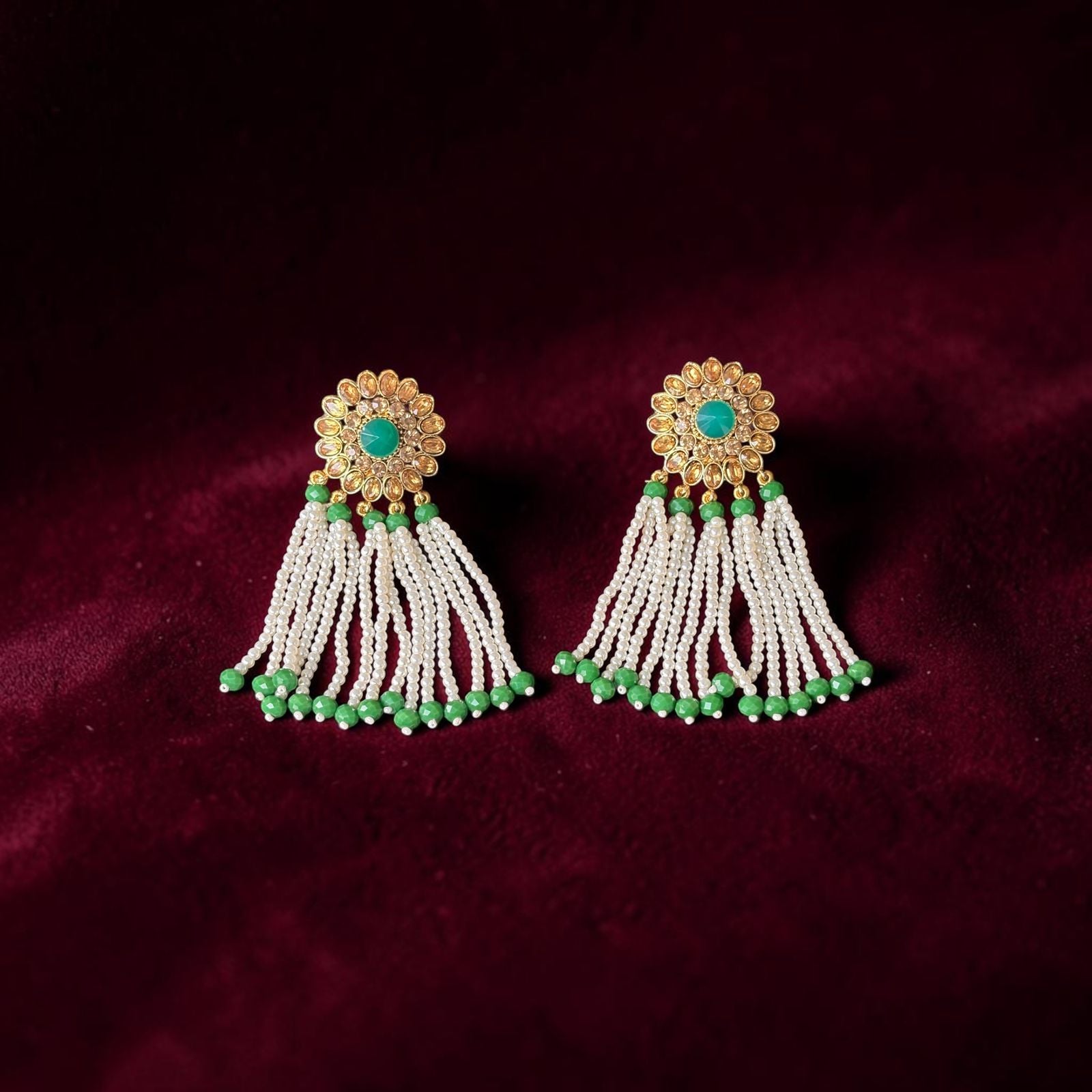 Pearl Tassel Earrings with Green Stones
