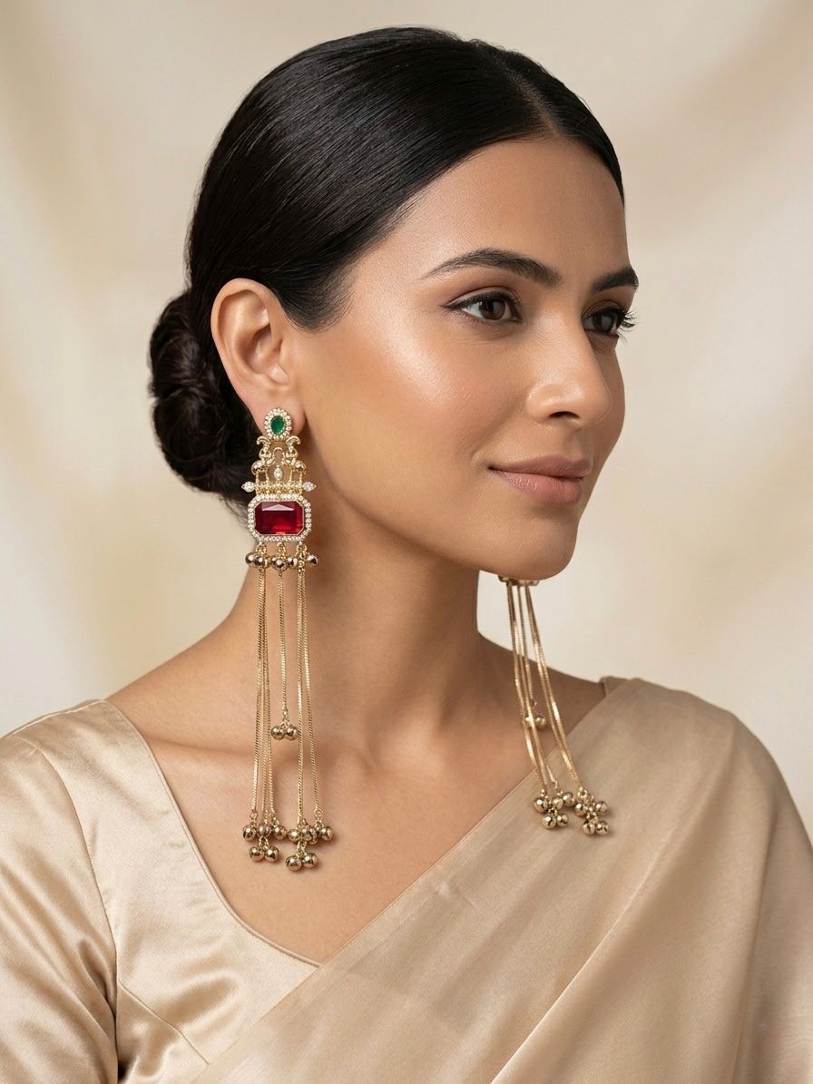 Kundan Red Green Tassel Earrings