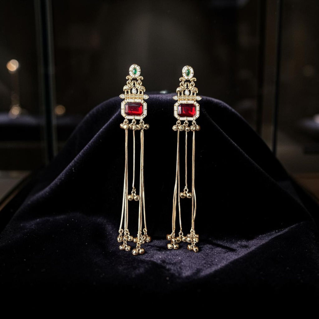 Kundan Red Green Tassel Earrings