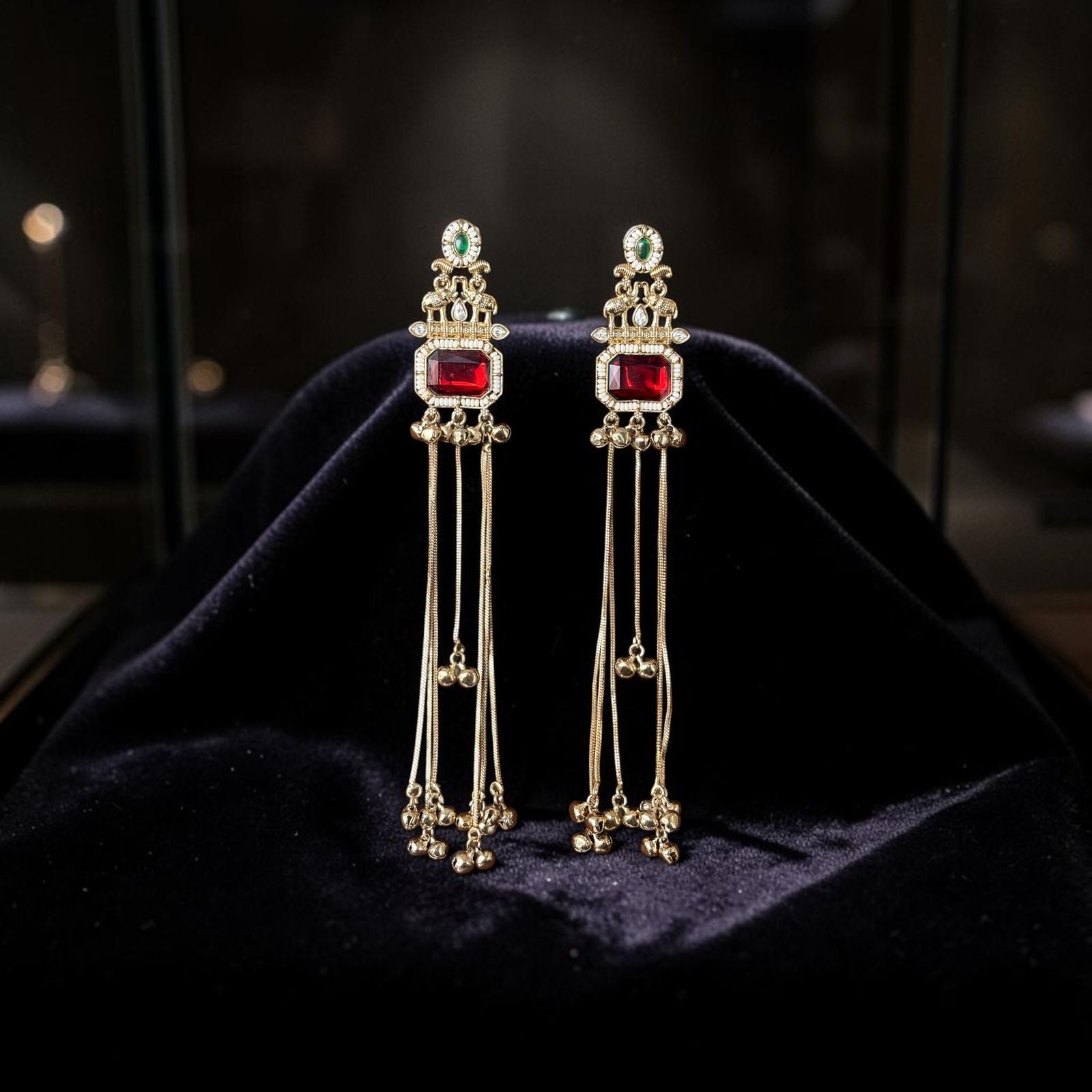 Kundan Red Green Tassel Earrings