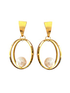 Gold Oval Hoop Pearl Drop Earrings