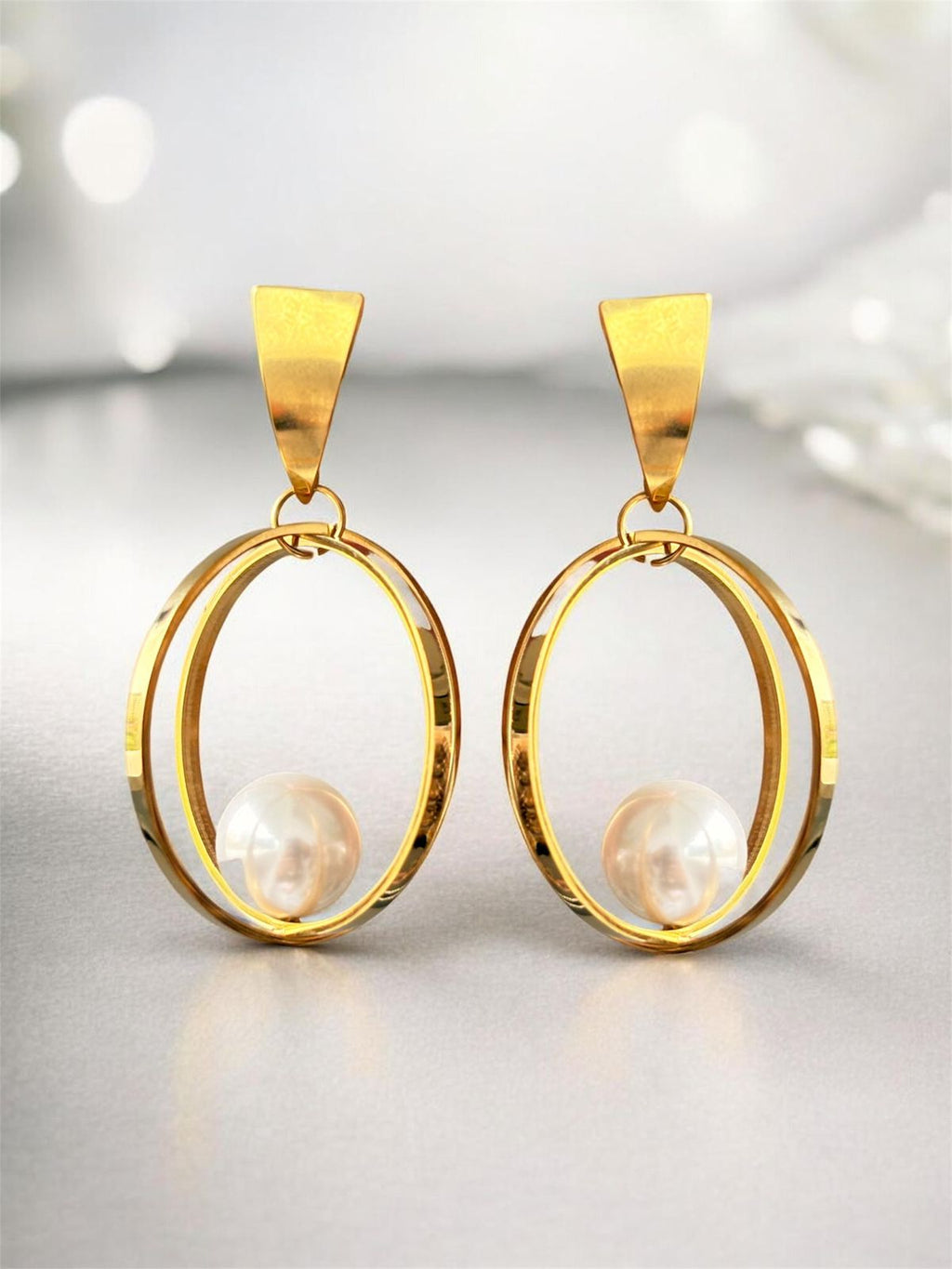 Gold Oval Hoop Pearl Drop Earrings