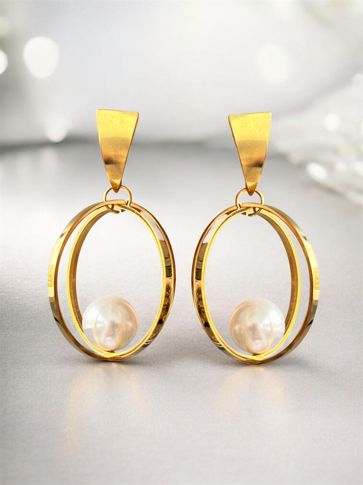 Gold Oval Hoop Pearl Drop Earrings