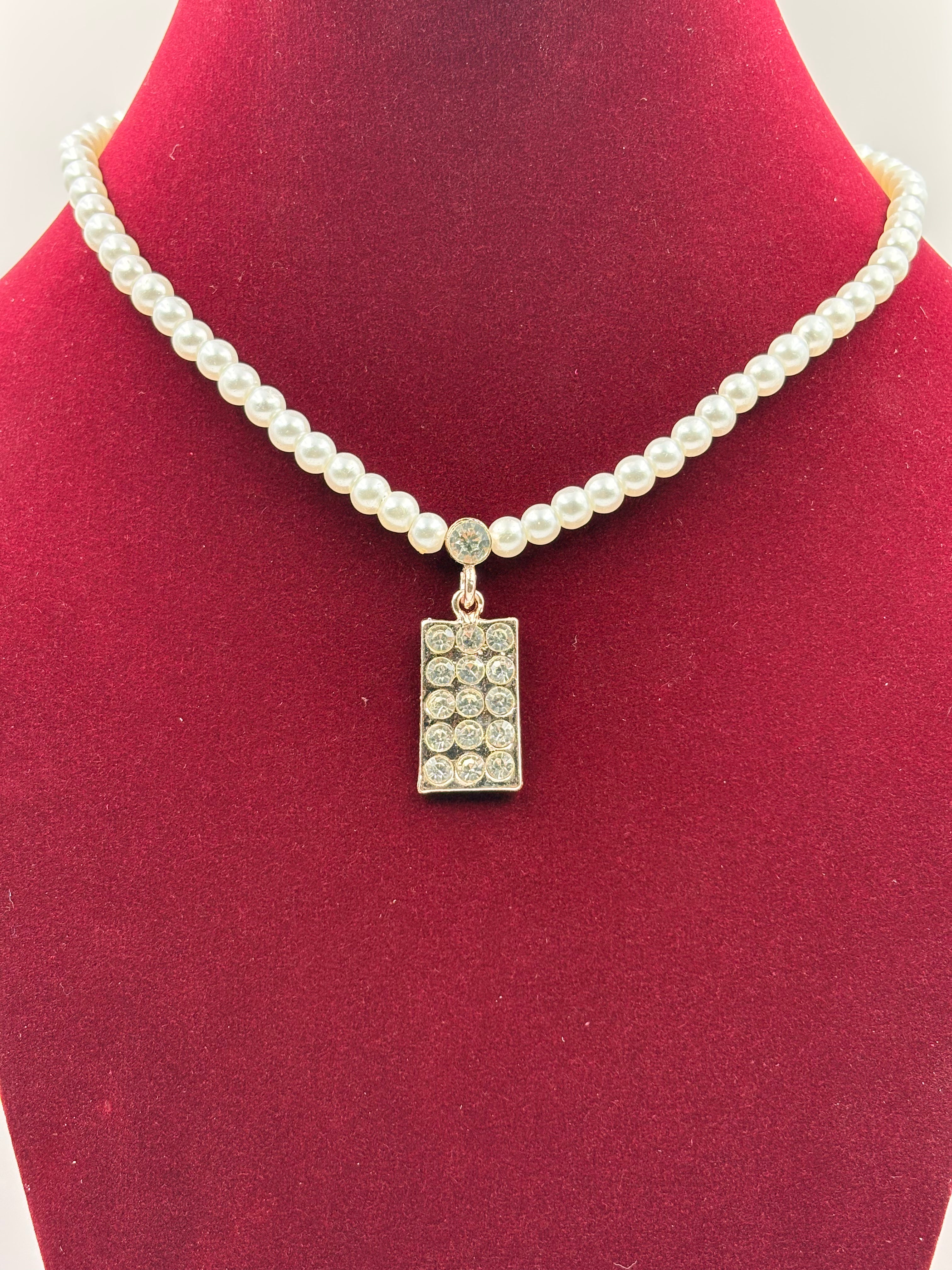 Classic Pearl Necklace Set with Crystal Pendant & Stud Earrings