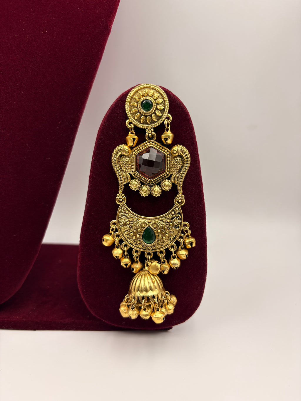 Antique Gold Temple Jhumka Earrings with Green & Maroon Stones