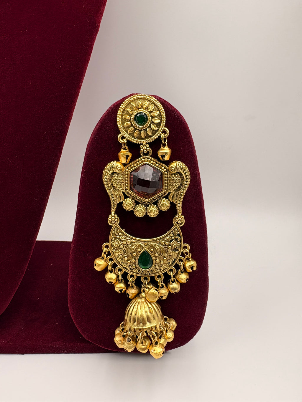 Antique Gold Temple Jhumka Earrings with Green & Maroon Stones