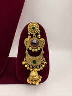 Antique Gold Temple Jhumka Earrings with Green & Maroon Stones