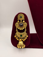Antique Gold Temple Jhumka Earrings with Green & Maroon Stones