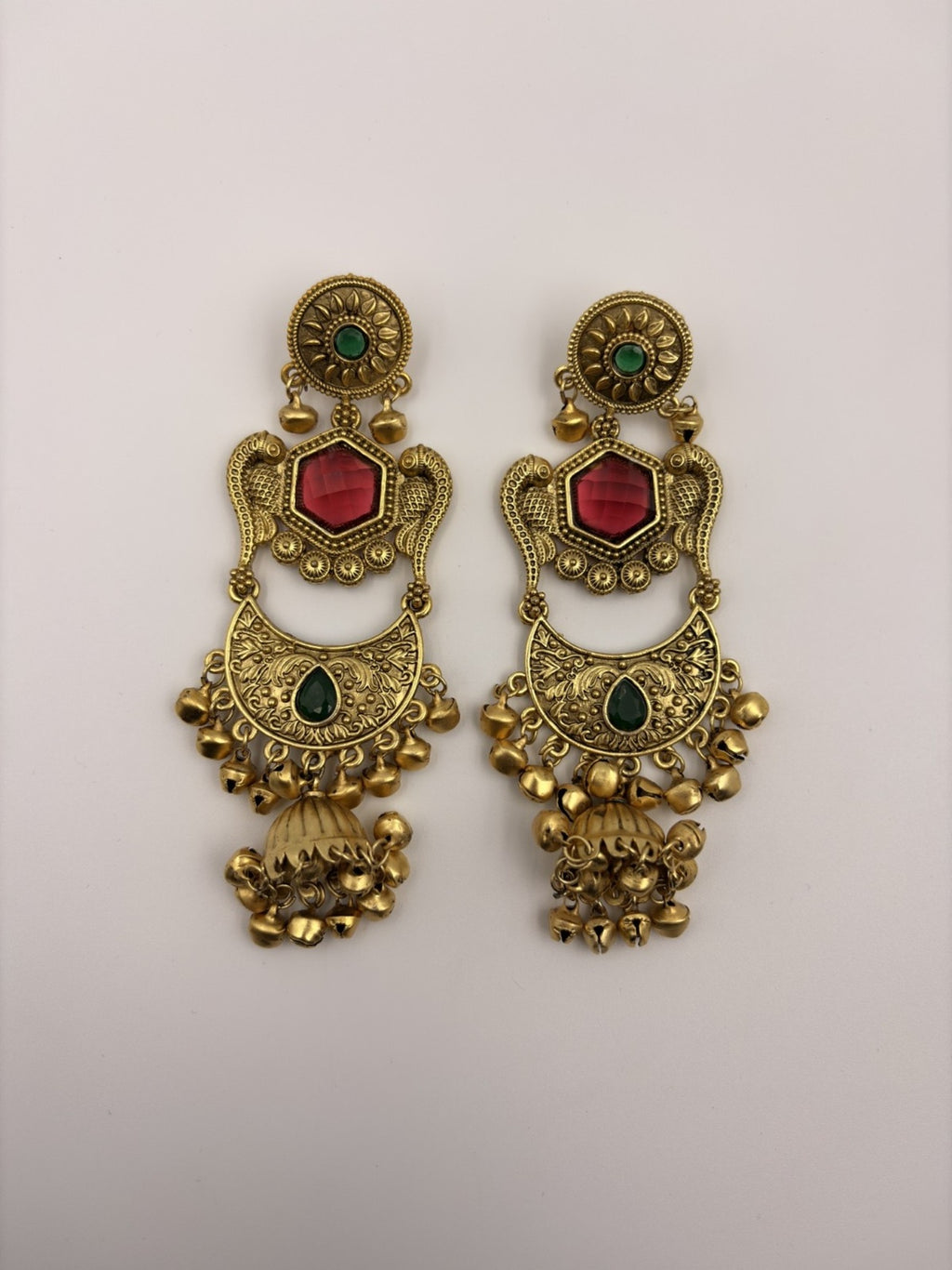 Antique Gold Temple Jhumka Earrings with Green & Maroon Stones