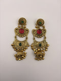 Antique Gold Temple Jhumka Earrings with Green & Maroon Stones
