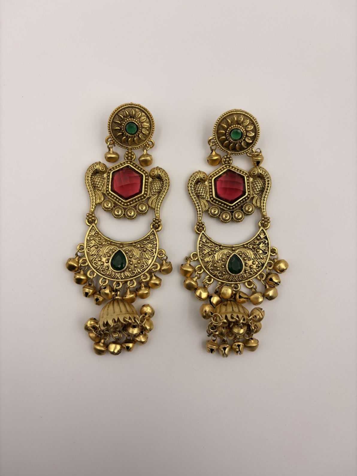 Antique Gold Temple Jhumka Earrings with Green & Maroon Stones