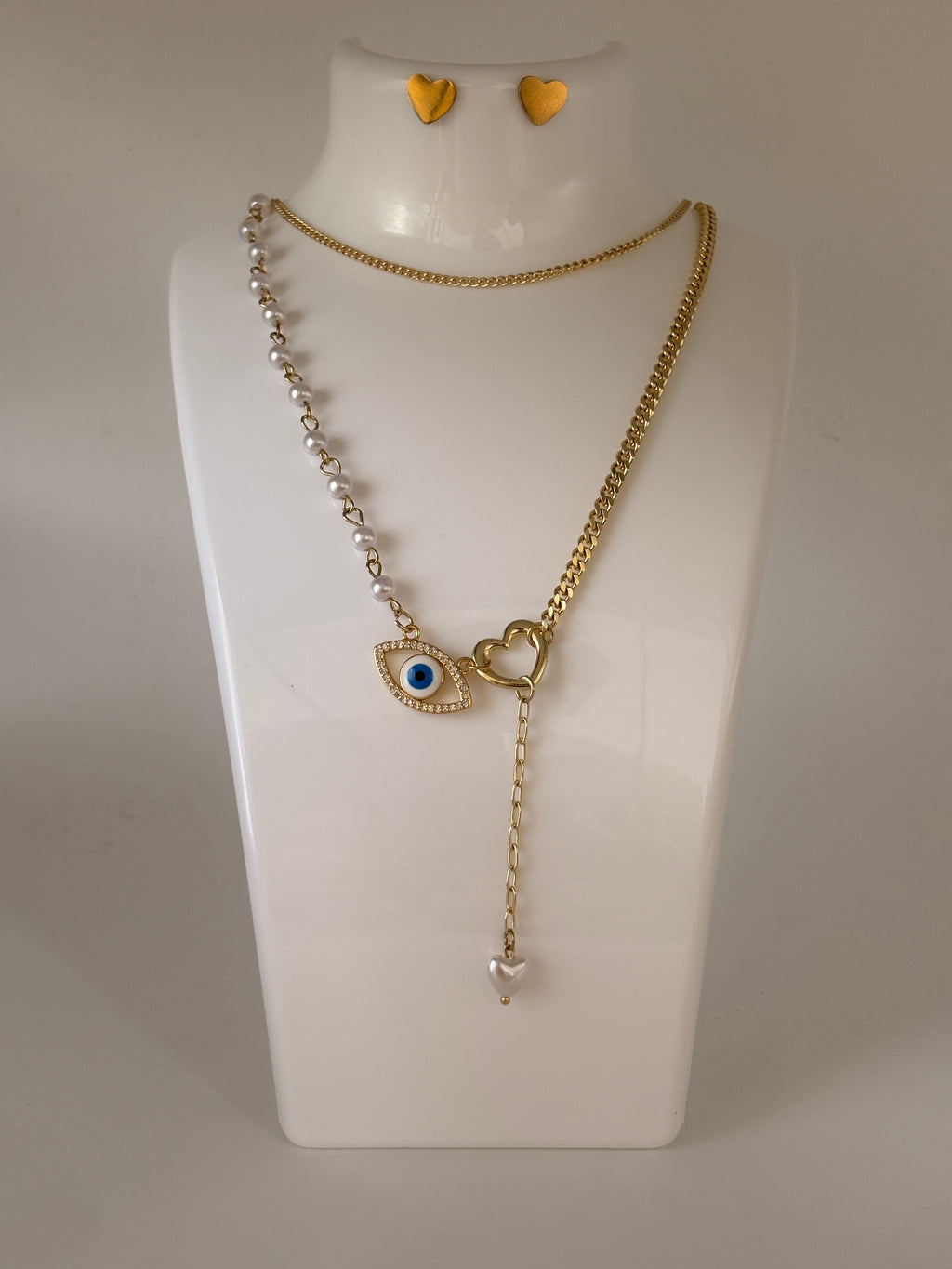 Gold Evil Eye Heart Fashion Jewellery Necklace Stud Earrings Set View 4