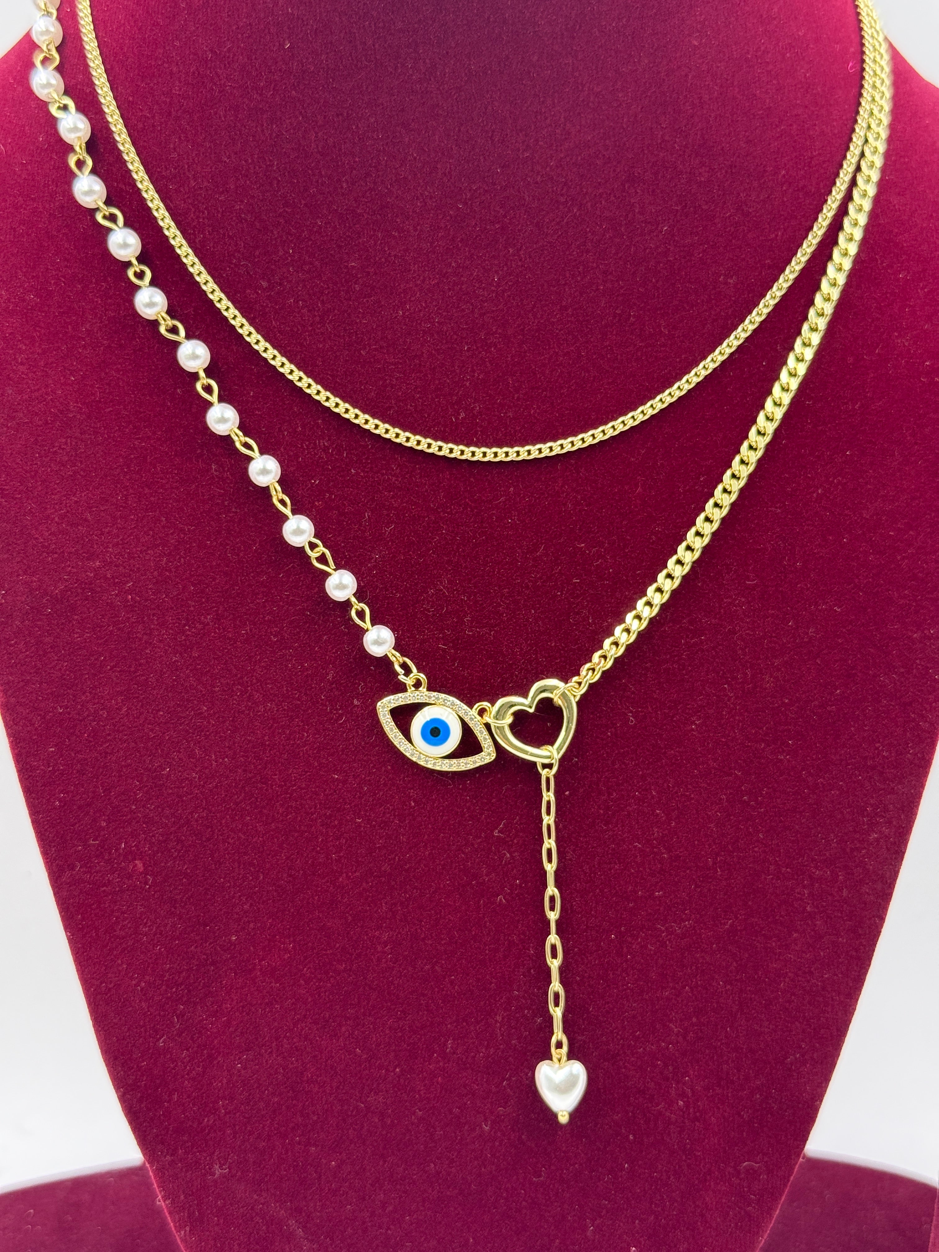 Gold Evil Eye Heart Fashion Jewellery Necklace Stud Earrings Set View 2