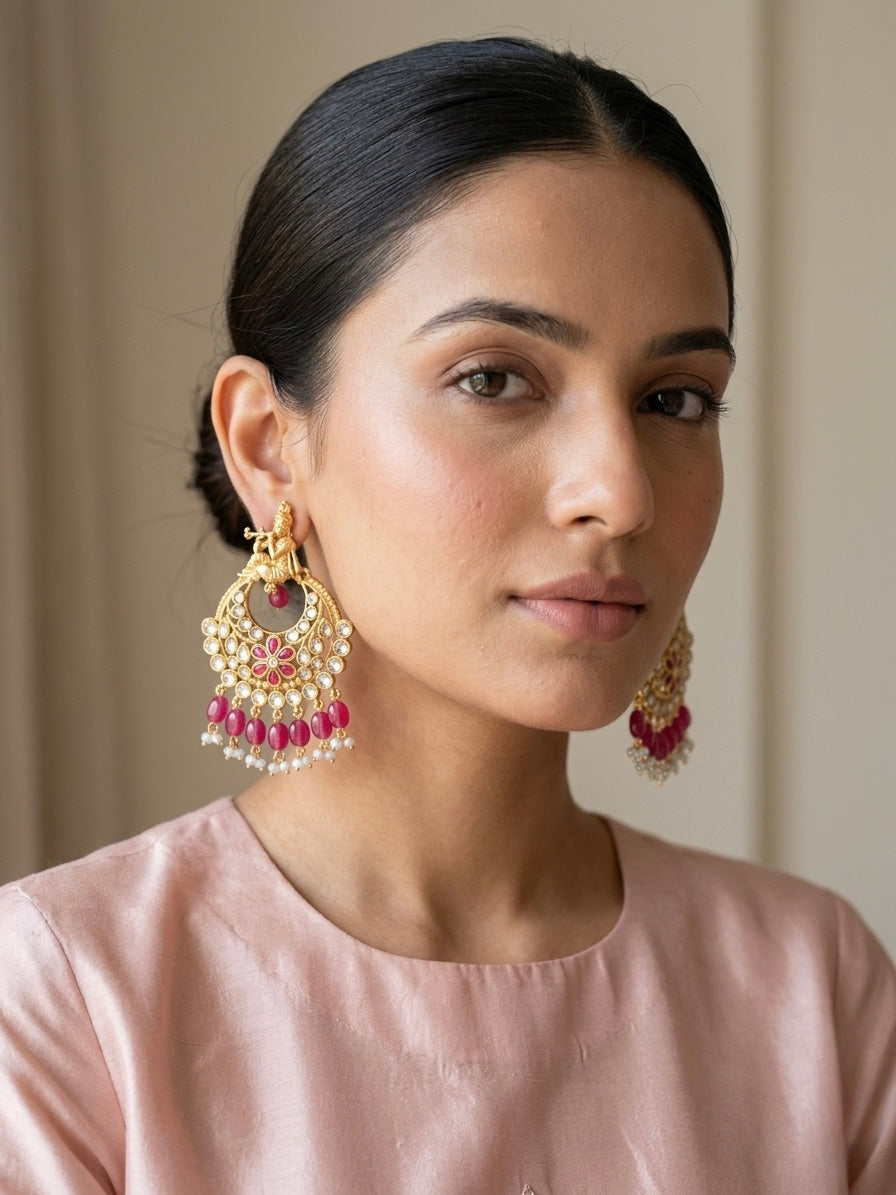 Krishna Design Red Kundan Chandbali Earrings