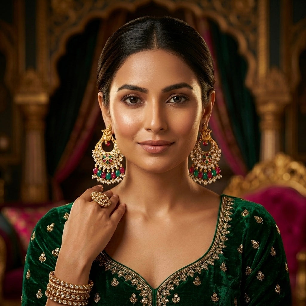 Krishna Design Kundan Chandbali Earrings .
