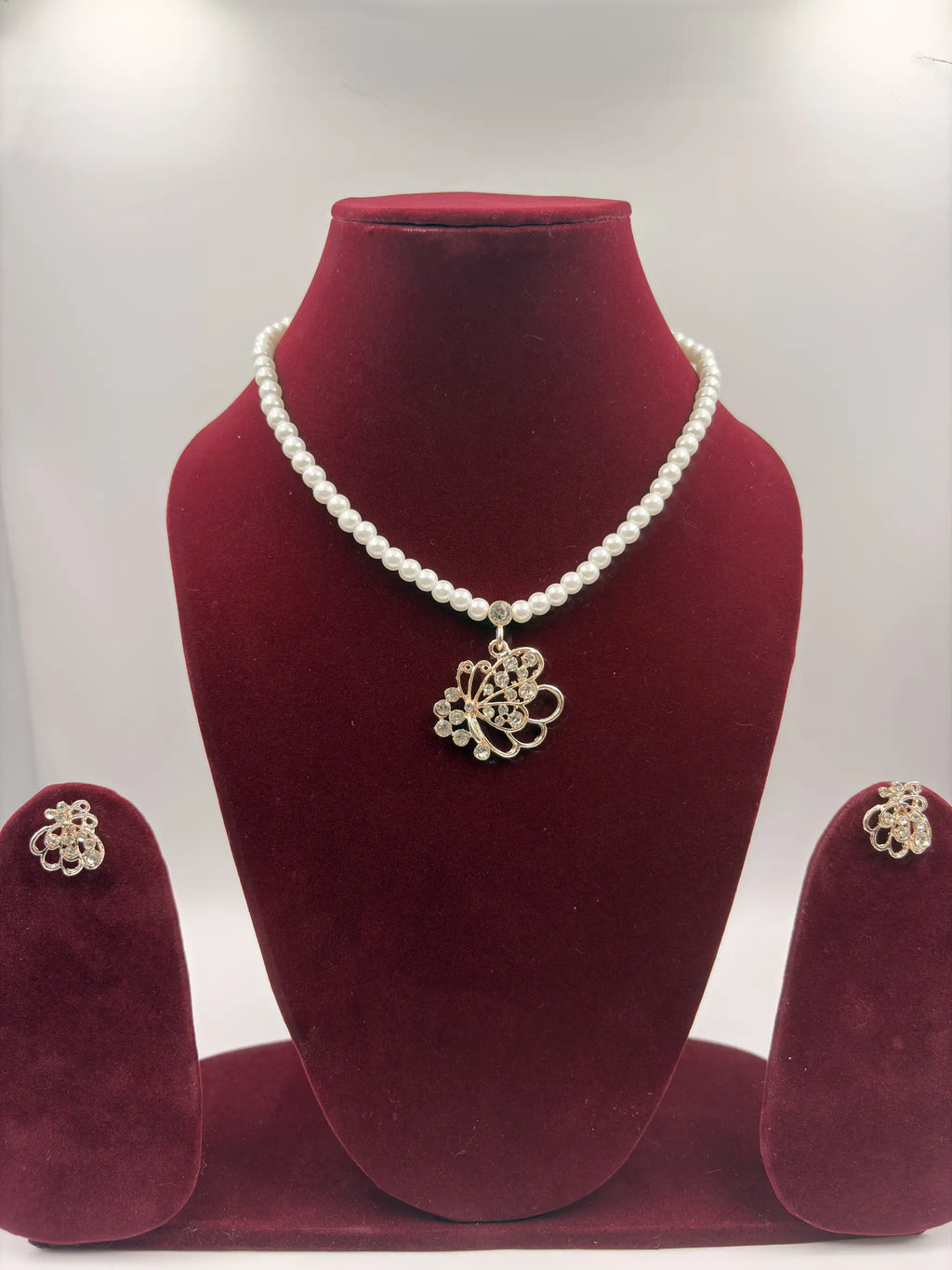 Pearl Necklace with Butterfly Crystal Pendant and Matching Earrings