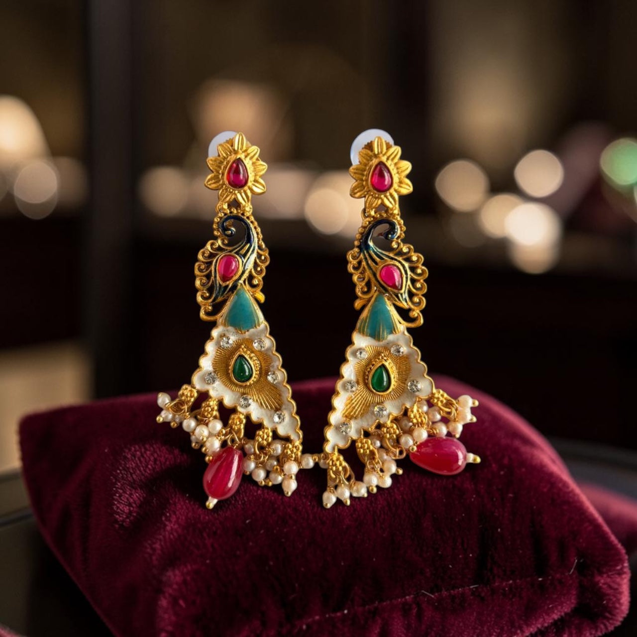 Peacock Style Long Kundan Earrings