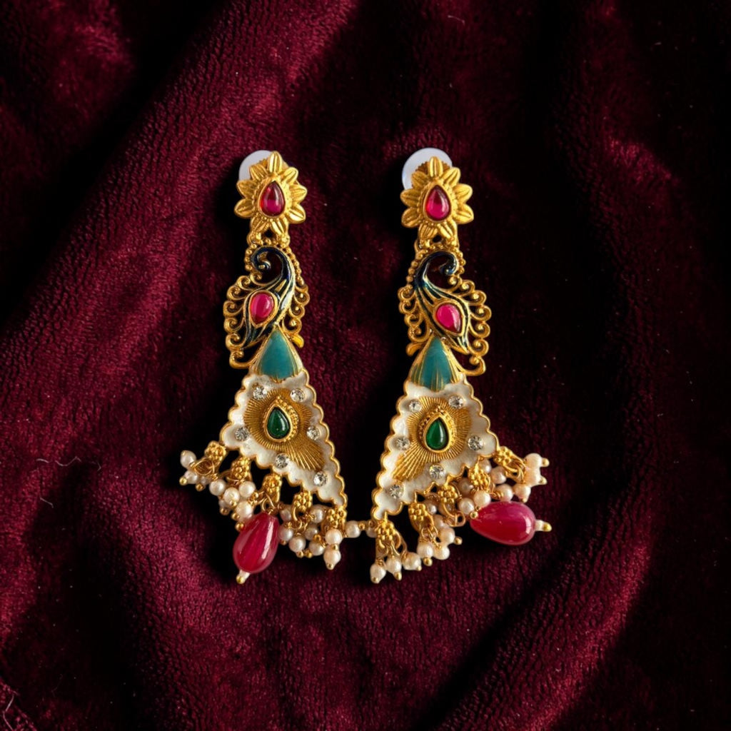 Peacock Style Long Kundan Earrings