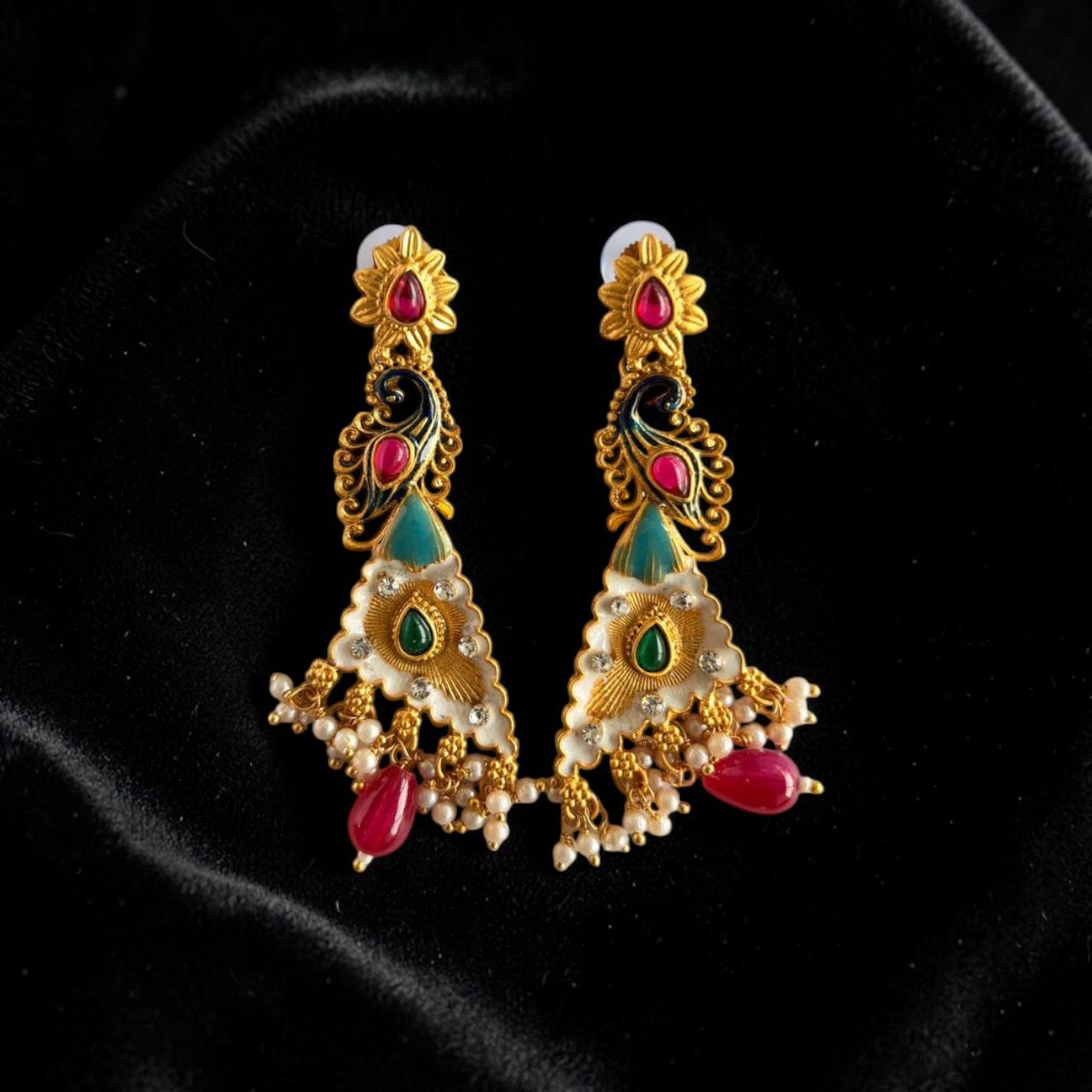 Peacock Style Long Kundan Earrings